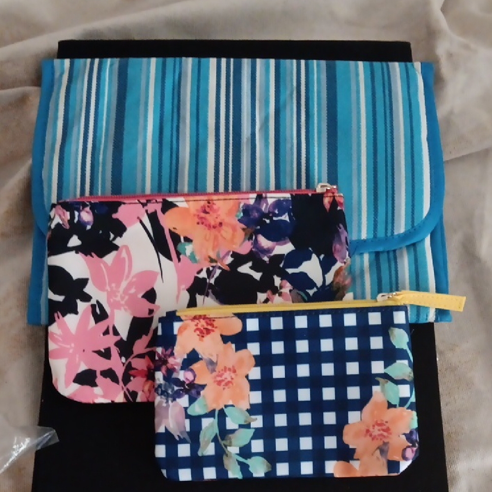 Avon Floral and Striped Cosmetic Bag Set - Blue, Pink, Orange